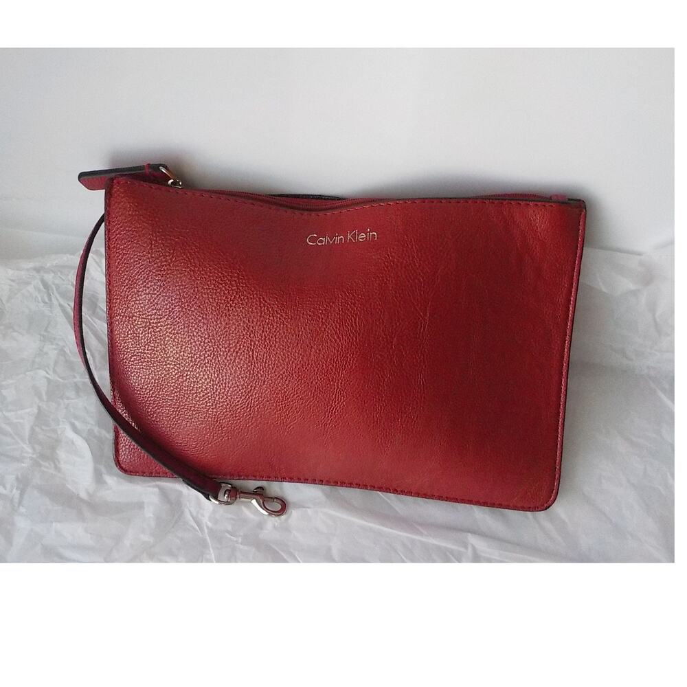 VTG Calvin Klein Red Faux Leather Flat Handbag Purse Satchel Zip Up  9.5x6"